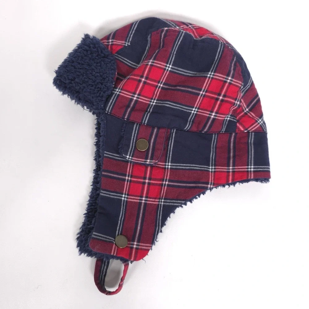 JANIE AND JACK Plaid Trapper Hat‎ Size 6 To 8 KIDS Navy Blue Red Check Cotton